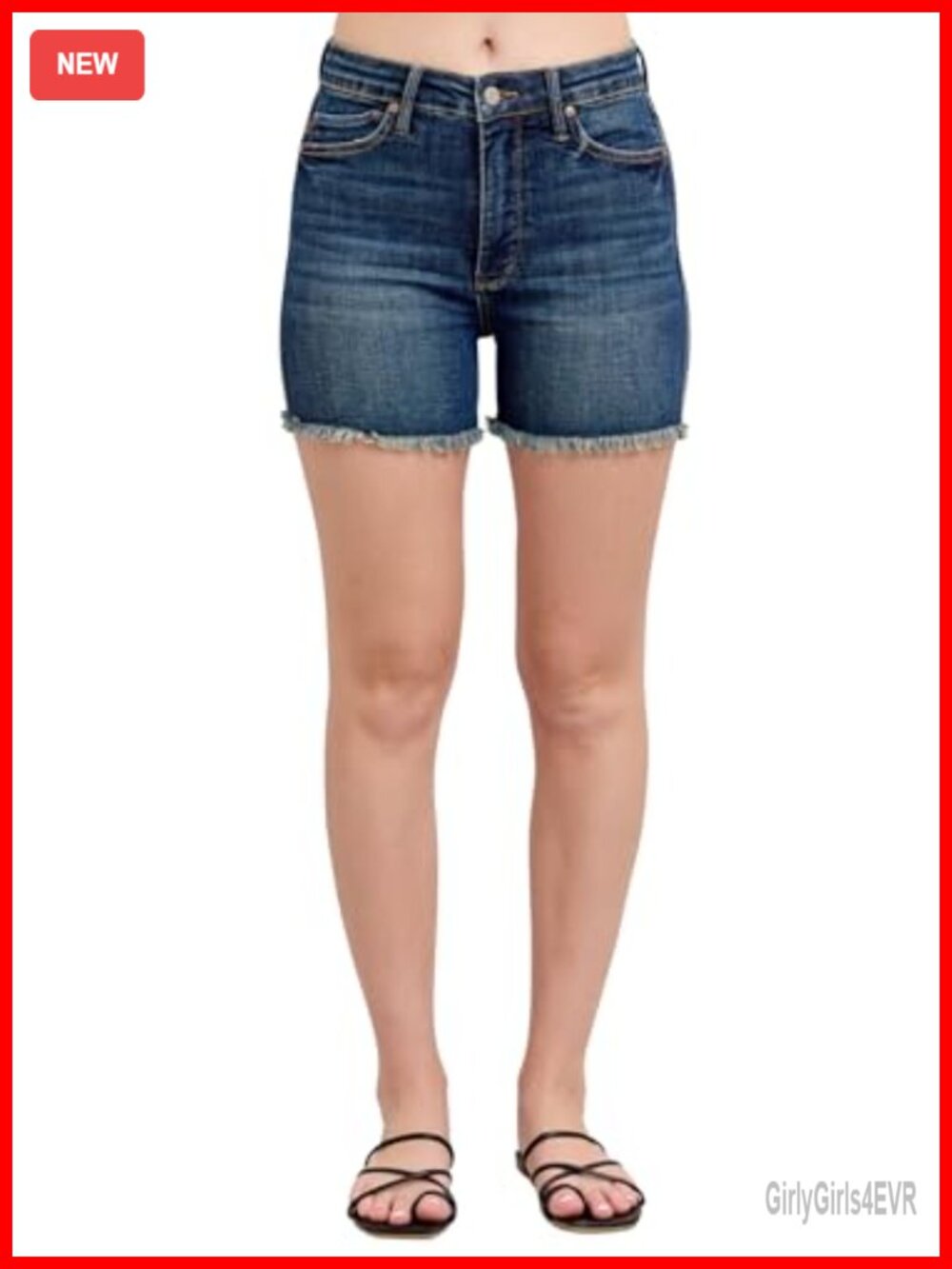 High Waist Tummy Control Fray Hem Denim Shorts with Shield Back Pockets